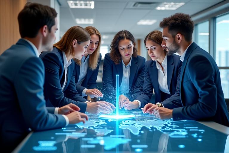 Illustration représentant une équipe diversifiée travaillant ensemble sur une stratégie globale