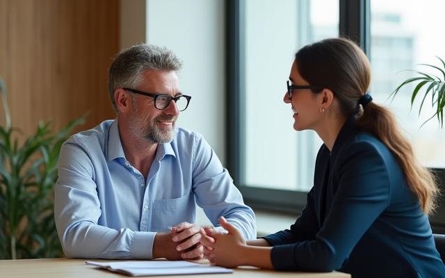 Coach et dirigeant travaillant ensemble, symbolisant le coaching en leadership