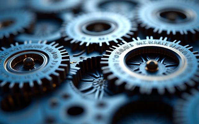 Grands engrenages imbriqués symbolisant le développement organisationnel et l'optimisation