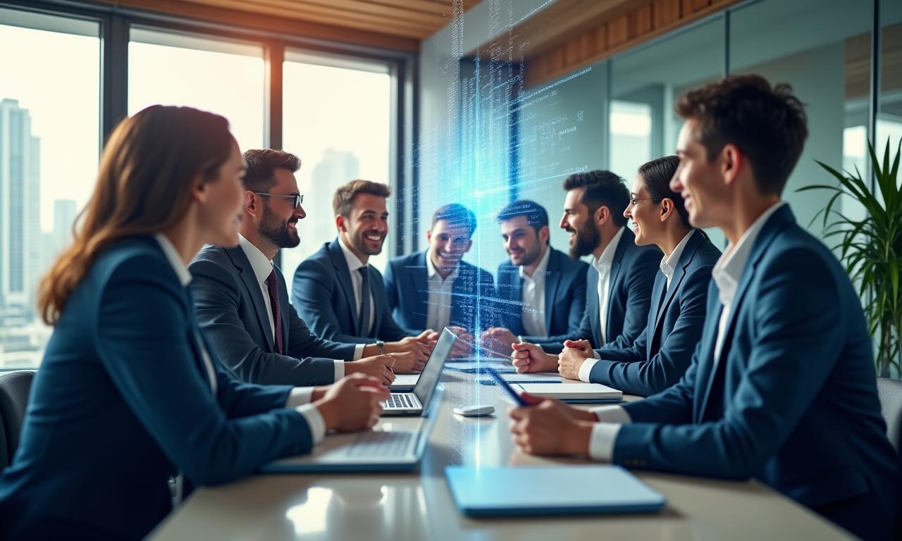 Professionnels en réunion internationale, symbolisant la stratégie et la communication.